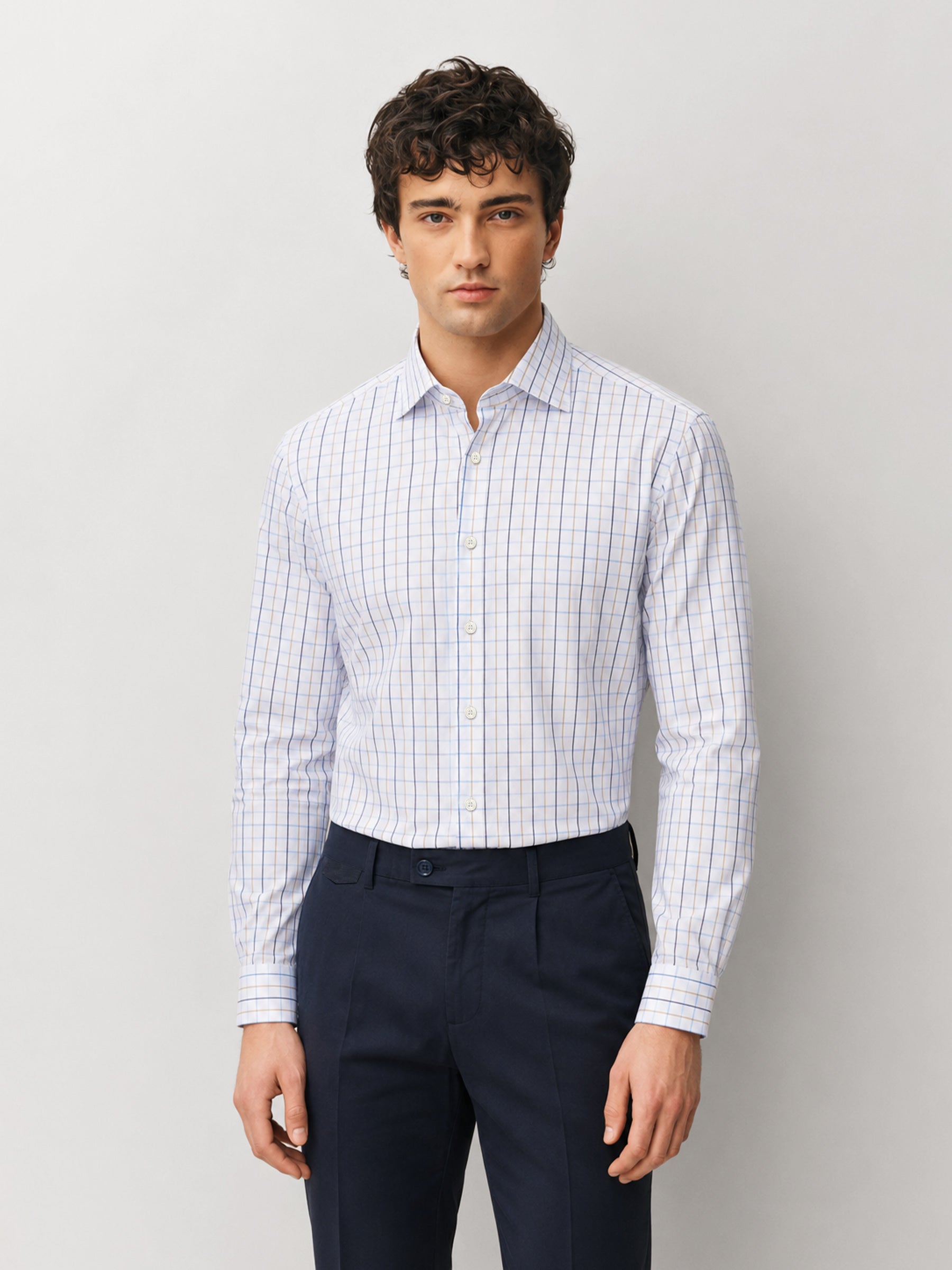 White & Blue Windowpane Checkered Formal Shirt