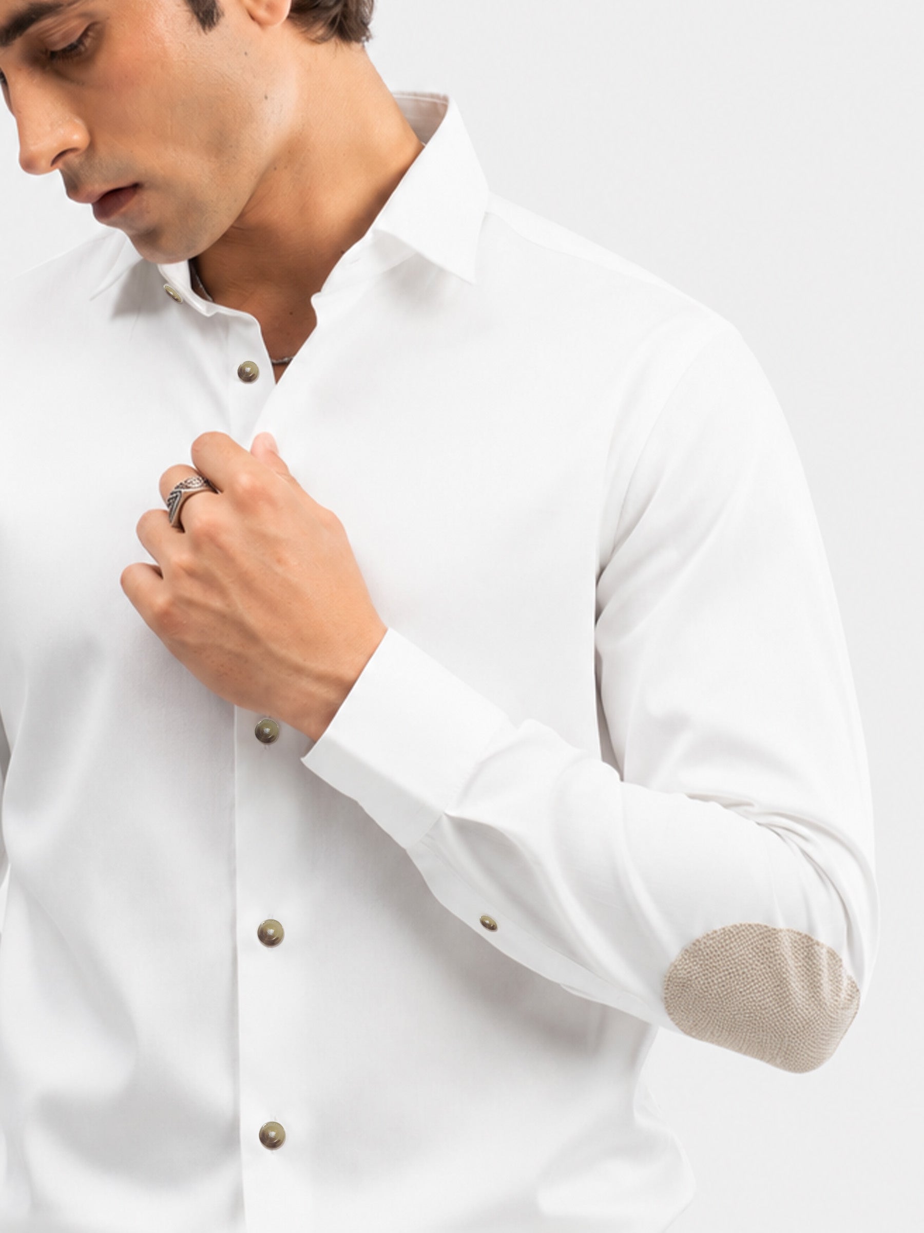 White Slub Textured Shirt With Beige Elbow Patch