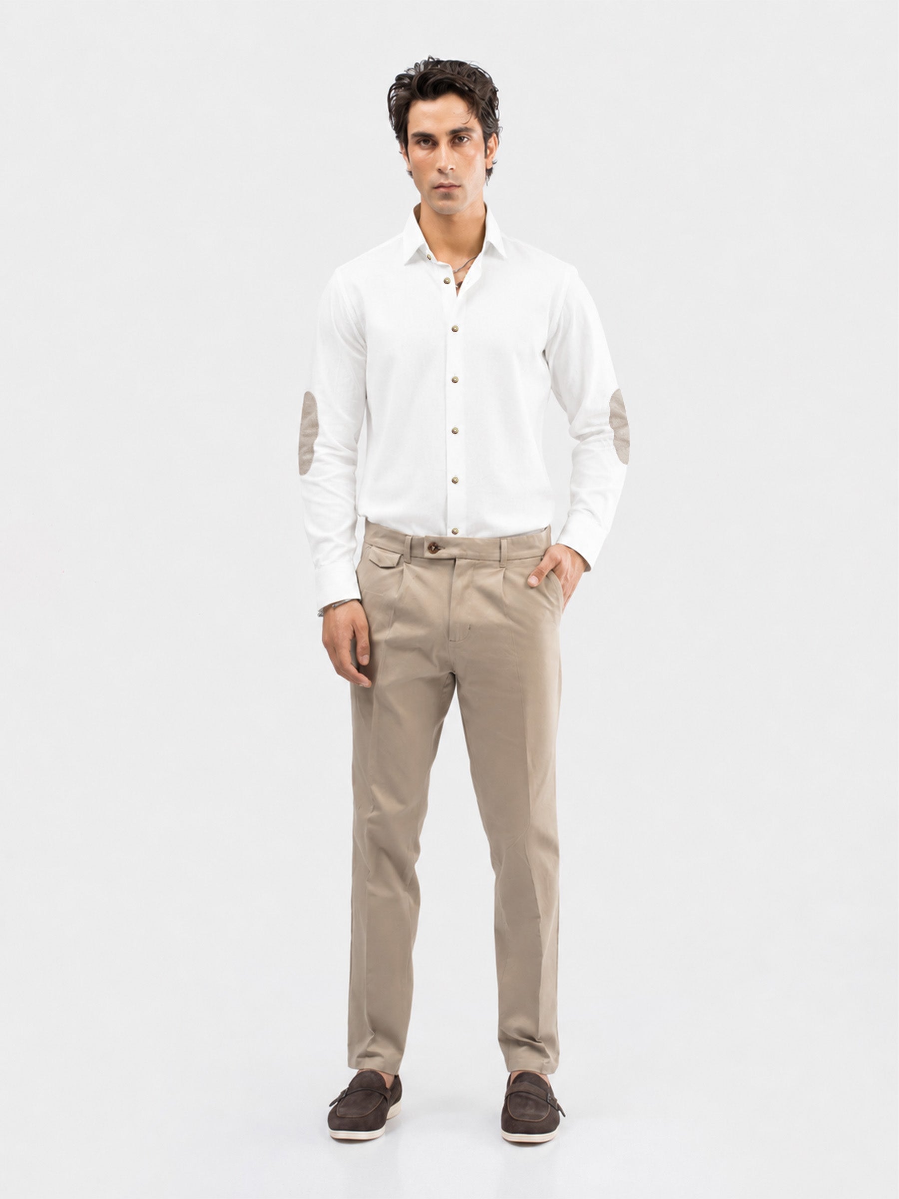 White Slub Textured Shirt With Beige Elbow Patch