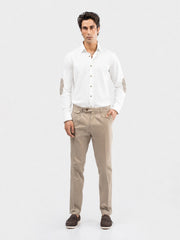 White Slub Textured Shirt With Beige Elbow Patch