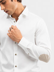 White Slub Textured Shirt With Beige Elbow Patch